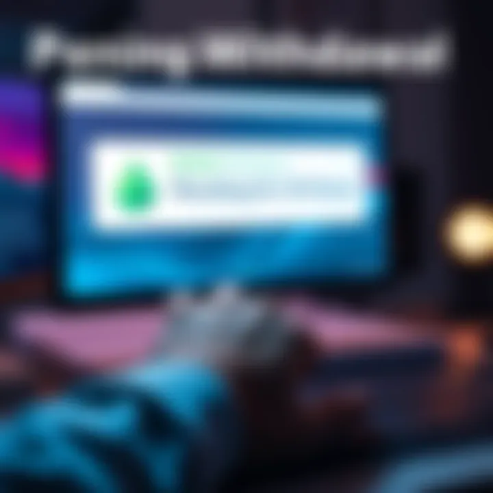 A computer screen showing a withdrawal notification stuck on pending for over 24 hours with a worried person's hand on the mouse.