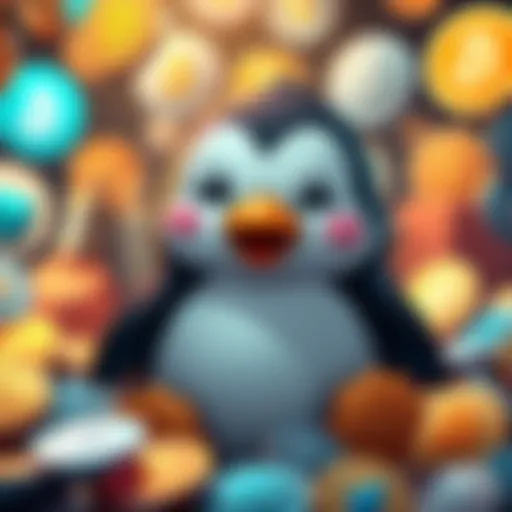 A cartoon Pengu character with a playful expression, surrounded by digital coins and crypto logos, symbolizing the growing trend of meme culture in cryptocurrency investments.