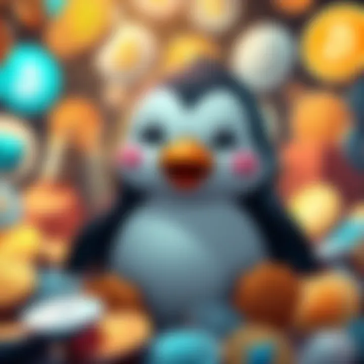 A cartoon Pengu character with a playful expression, surrounded by digital coins and crypto logos, symbolizing the growing trend of meme culture in cryptocurrency investments.
