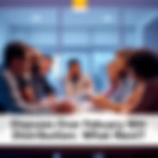A group of individuals gathered around a table discussing concerns about the February 18th distribution, appearing frustrated and seeking solutions.