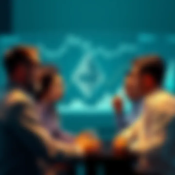 A group of people engaged in a discussion about Ethereum topics with charts and graphs in the background