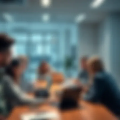 A group of people engaging in conversation around a table with laptops and notebooks, sharing thoughts on a trending topic.
