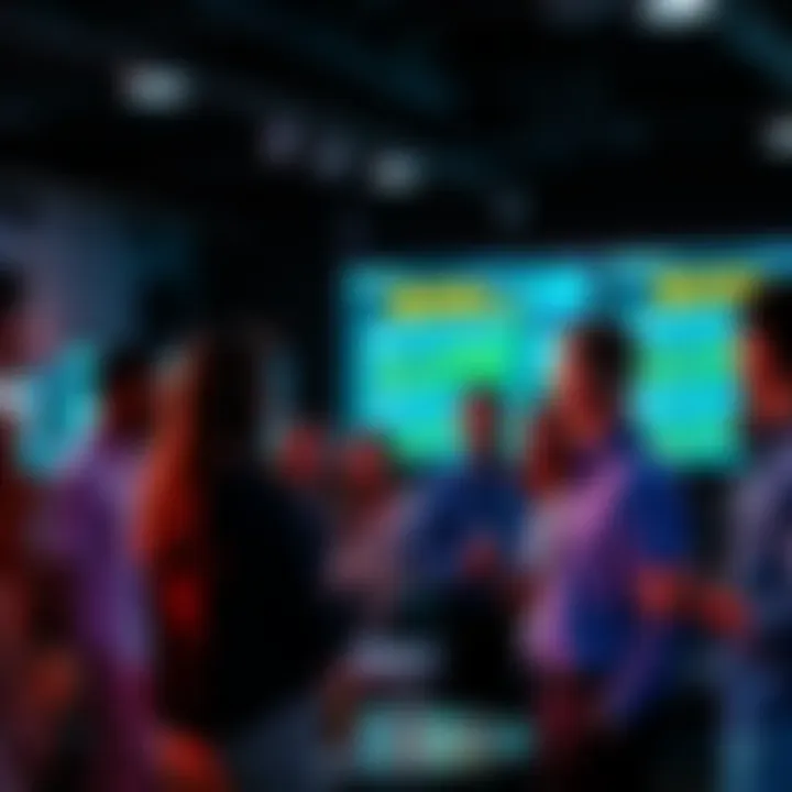 A group of people engaging in a lively conversation about Instant Holder, with digital assets displayed on screens in the background.