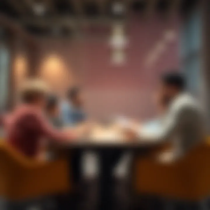 A group of people sitting at a table, sharing opinions about a recent online scheme, with laptops and documents in front of them.