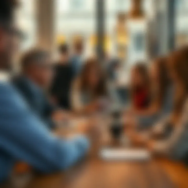 A group of people engaged in a lively discussion about current events, with notebooks and coffee cups on the table.