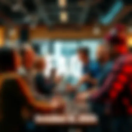 A group of diverse people chatting and sharing ideas in a casual setting, promoting a friendly atmosphere.
