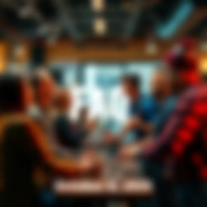 A group of diverse people chatting and sharing ideas in a casual setting, promoting a friendly atmosphere.