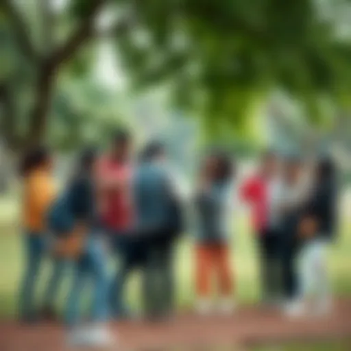 A group of diverse people supporting one another in a park, showing collaboration and assistance
