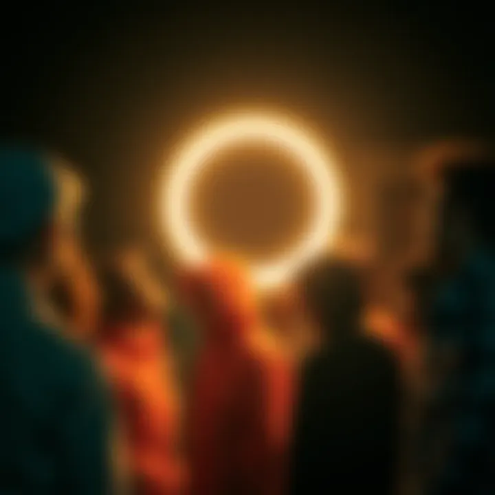 A group of people gathered, looking thoughtfully at a glowing symbol that represents a common desire, symbolizing shared motivations and interests.