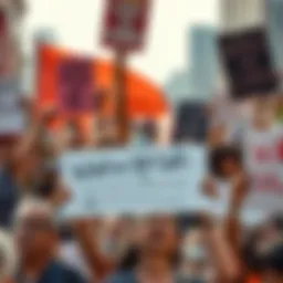 A diverse group of people united, holding signs and raising their fists, advocating for urgent social issues, standing together for a better future.