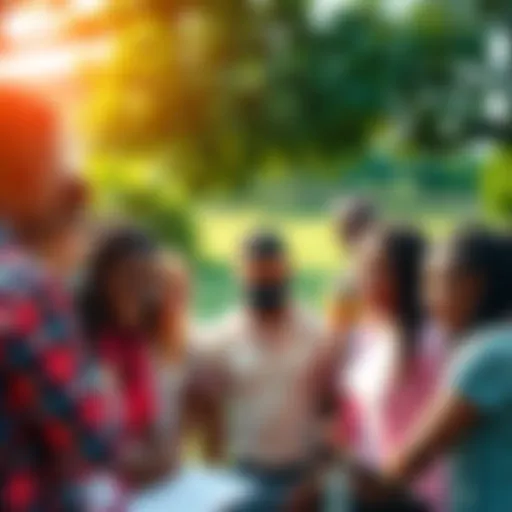 A diverse group of people collaborating outdoors, discussing ideas to improve their community.