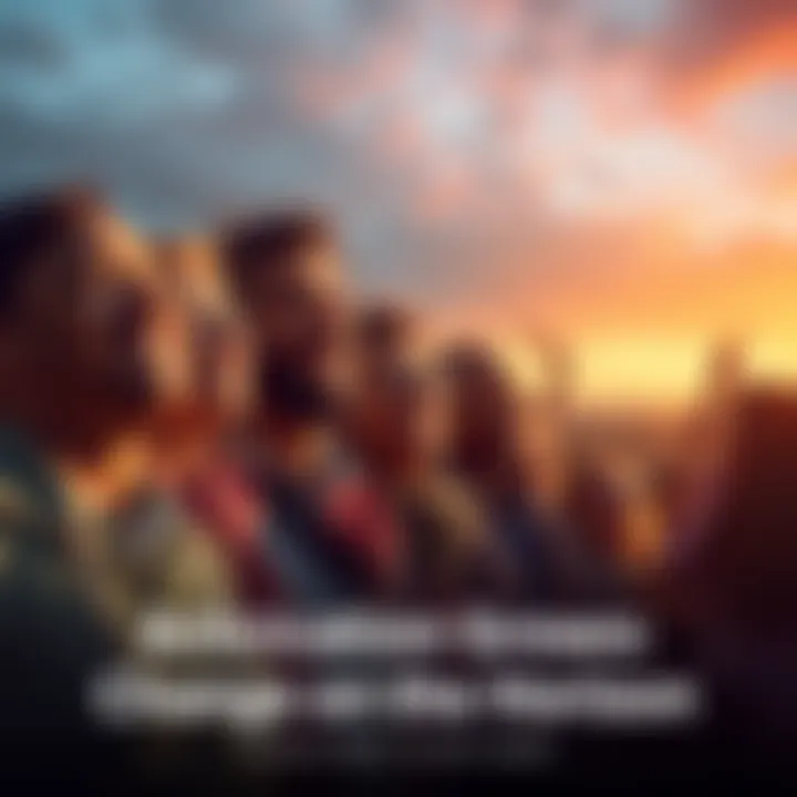 A diverse group of people smiling and looking towards the horizon with excitement, symbolizing hope and change.