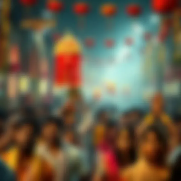 A crowd of people celebrating a festival in India with colorful decorations and traditional attire