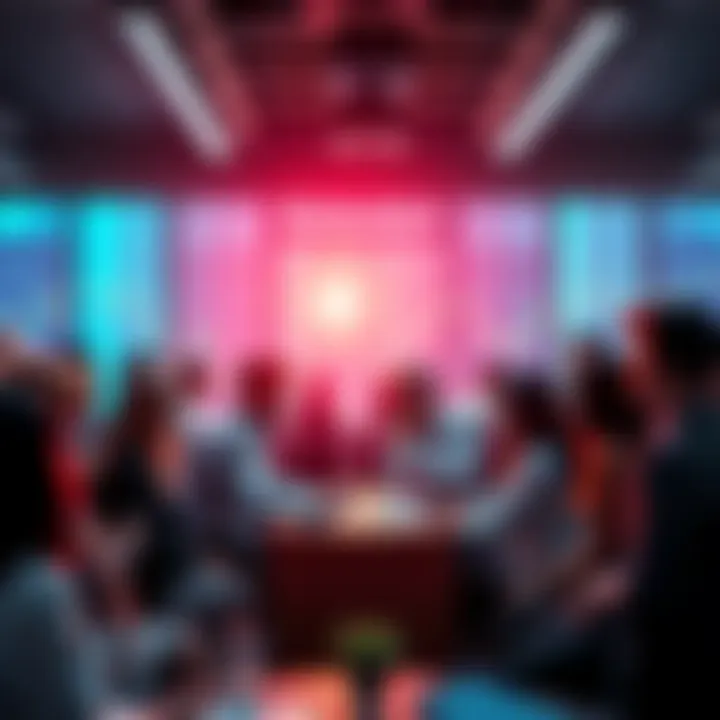 A diverse group of people engaging in conversation about news and trading strategies in a lively forum setting