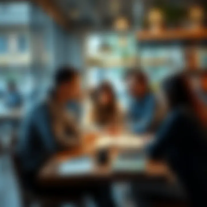 A group of people in a cafe sharing thoughts on difficult topics, with books and notes on the table