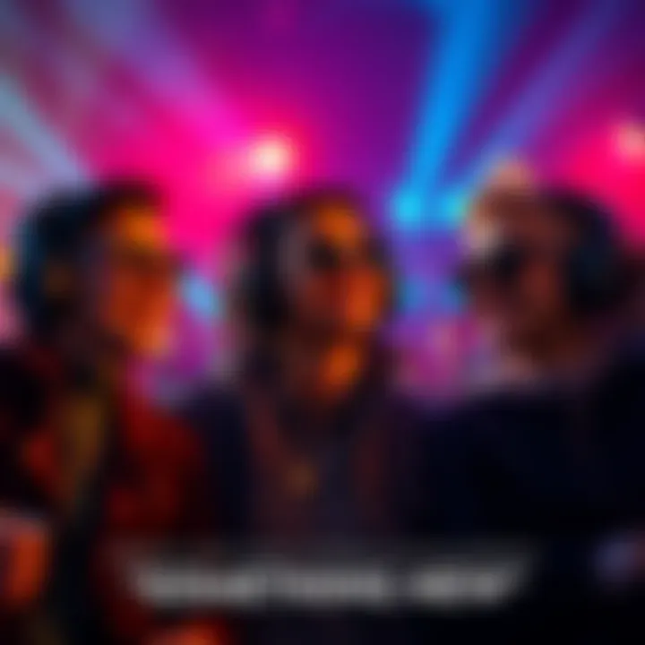 A group of people listening to music with headphones, smiling and showing excitement