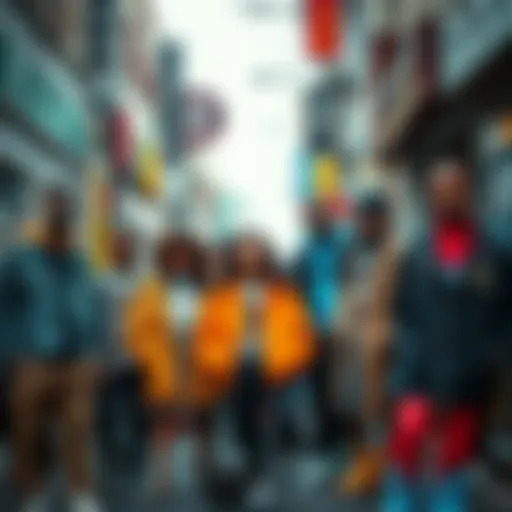 A group of diverse people showcasing their unique styles and identities through fashion and art in a vibrant urban setting.