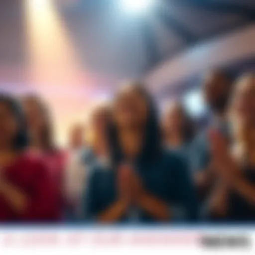 A group of people with hands clasped in prayer, looking hopeful and united, with a bright light shining down on them.