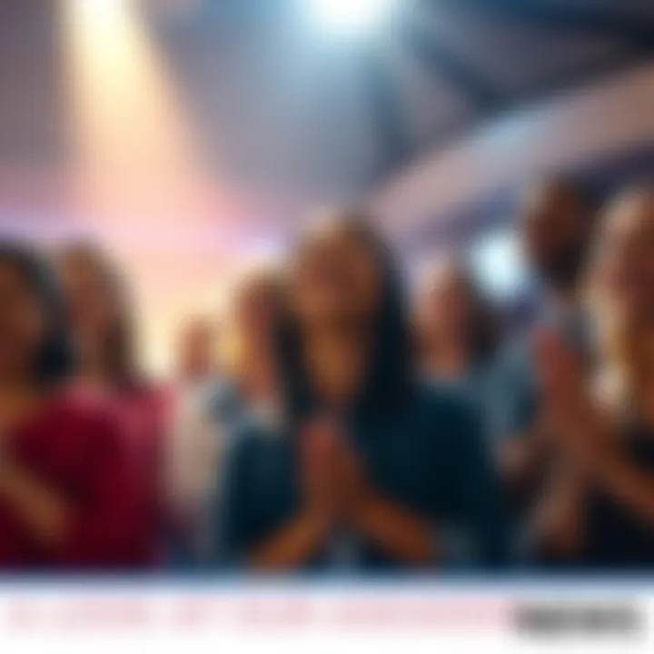 A group of people with hands clasped in prayer, looking hopeful and united, with a bright light shining down on them.