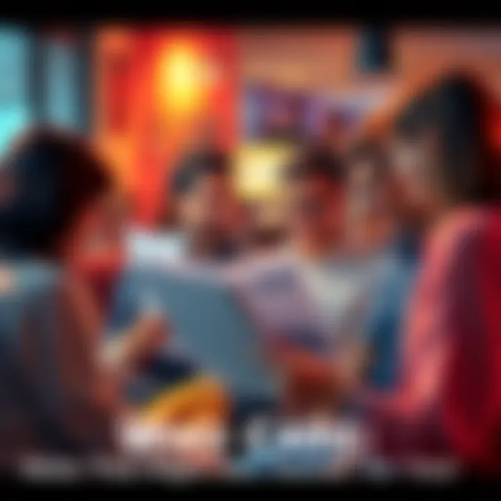 A group of people engaged in reading various small news articles and discussing their content in a casual setting