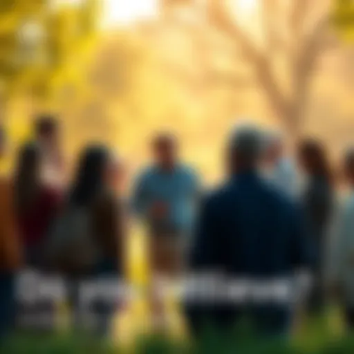 A diverse group of people in conversation about their beliefs in a park setting, surrounded by nature and warm sunlight.