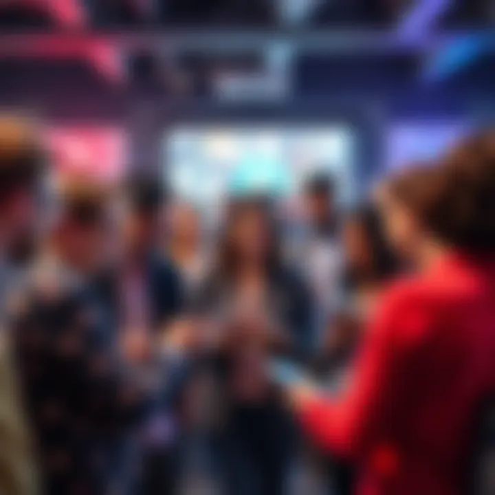 A group of diverse people collaborating and sharing app designs and ideas at a community event.