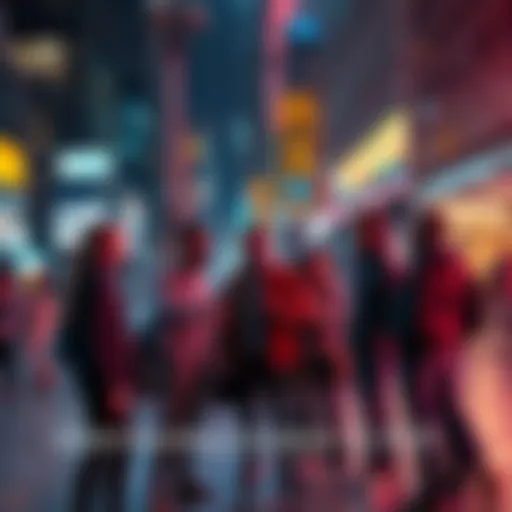 A diverse group of people engaged in conversation about the latest trends in 2025, surrounded by technology and urban settings.