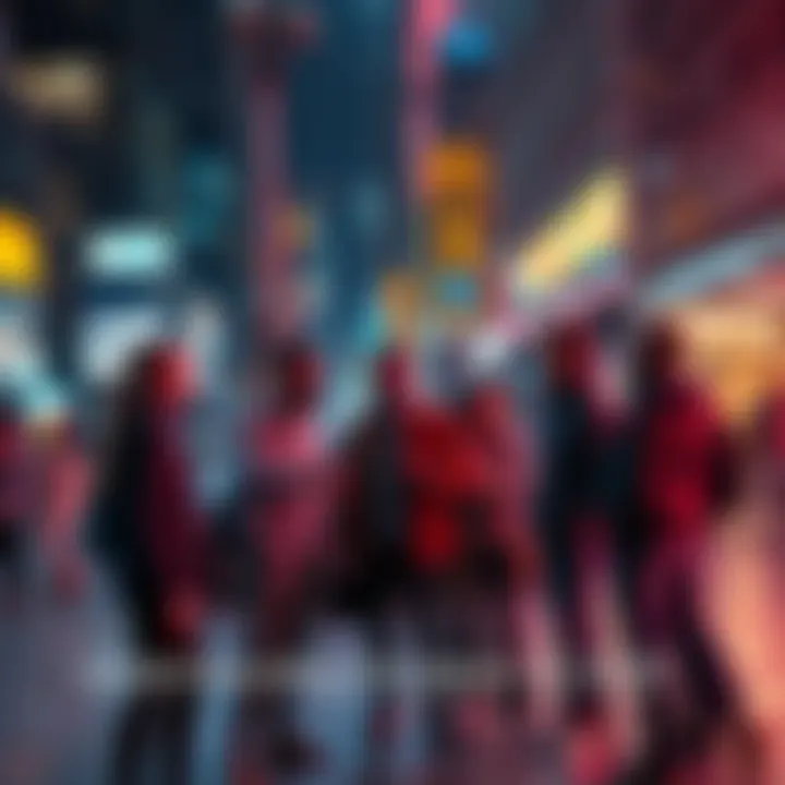 A diverse group of people engaged in conversation about the latest trends in 2025, surrounded by technology and urban settings.