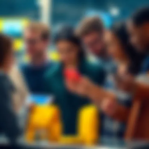 A group of diverse people discussing and using mobile devices to make Bitcoin transactions, showcasing its use in everyday payments.
