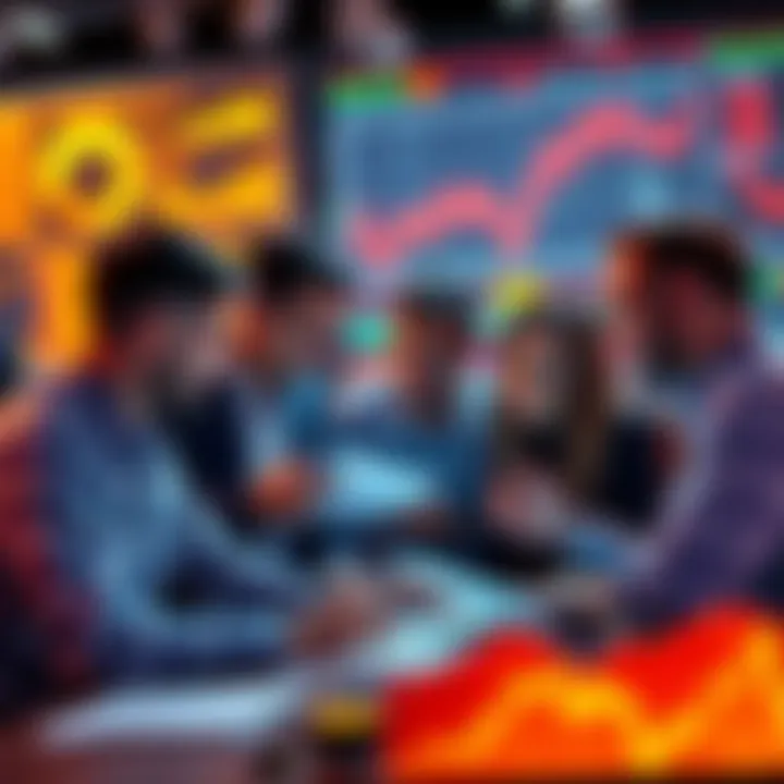 A group of people analyzing charts and discussing investment strategies related to pepe