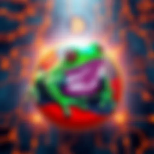 Pepecoin logo featuring a frog with a blockchain background, symbolizing decentralized cryptocurrency