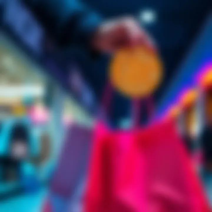 A person holds a shopping bag in one hand and a Bitcoin symbol in the other, representing the trend of revenge buying