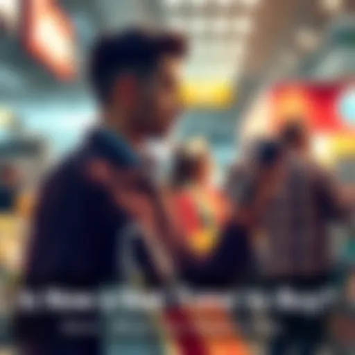 A thoughtful person looking at different products while holding a shopping bag, showing uncertainty about buying