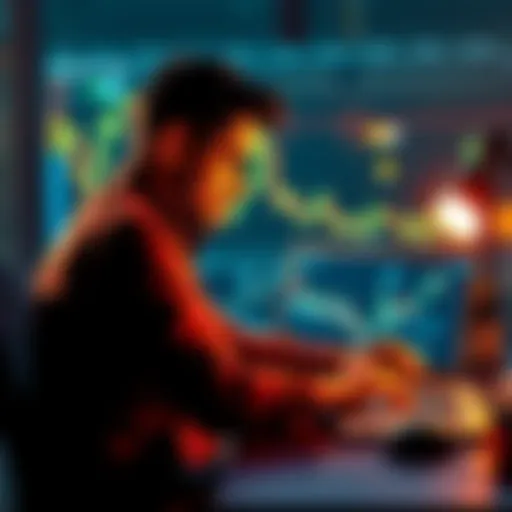 A person sitting at a desk, studying cryptocurrency charts on a laptop, contemplating an investment after losing their job.