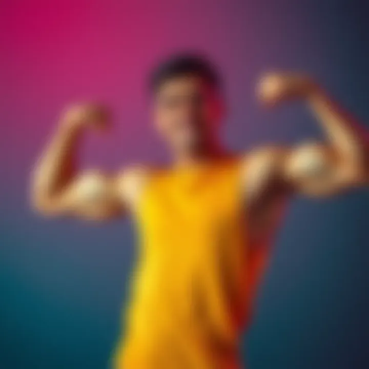A confident individual flexing their muscles to showcase strength and self-expression in a vibrant setting.