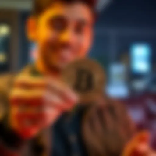 Individual smiles while holding a Bitcoin, reflecting on their investment from a 7% bank loan