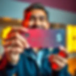 A person smiling while holding a platinum card, showing a dollar sign indicating savings