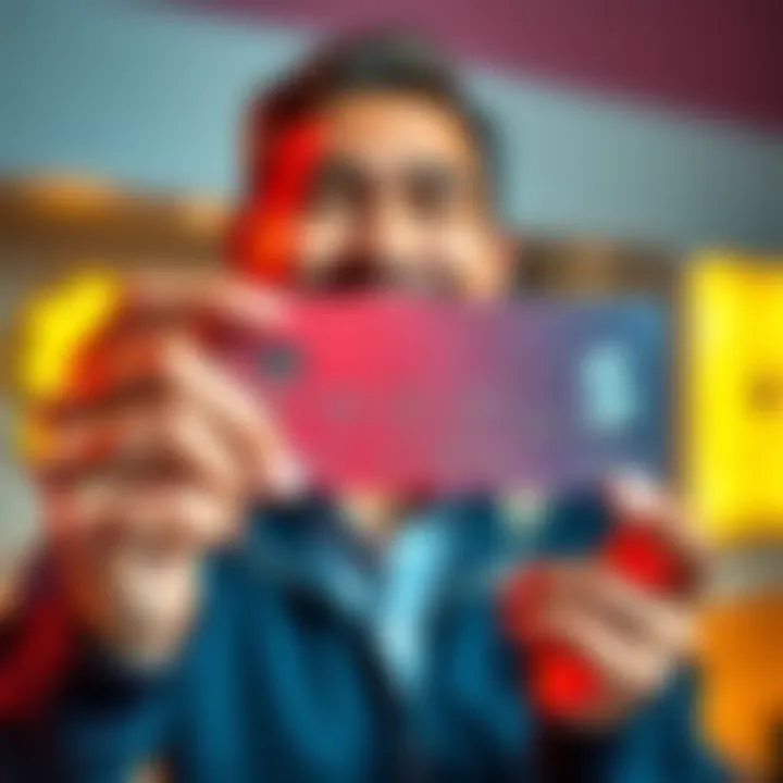 A person smiling while holding a platinum card, showing a dollar sign indicating savings