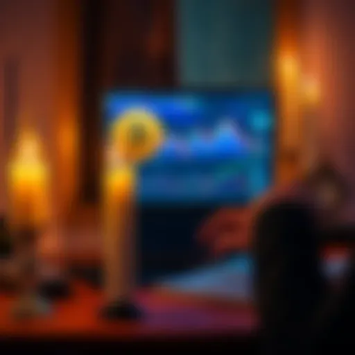 A person sits at a desk, lighting a candle with Bitcoin graphics on a laptop screen