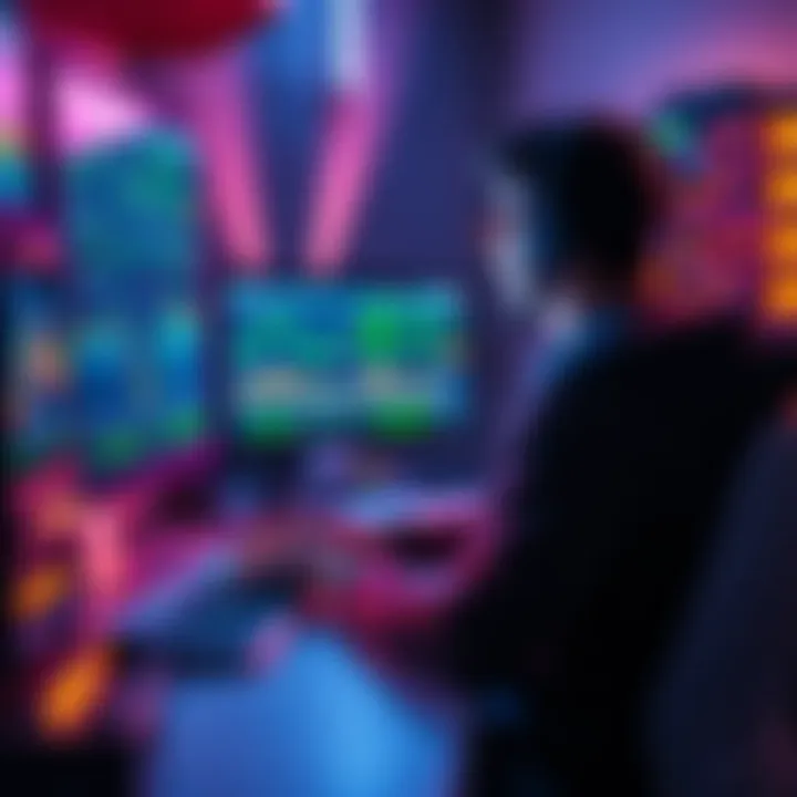 A person sitting in front of a computer setup, focused on mining cryptocurrency with multiple screens displaying data and graphs.