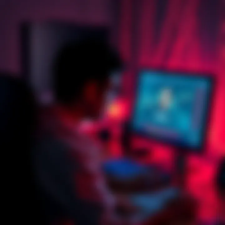 A person sitting at a desk, focused on a computer screen displaying Monero mining software, symbolizing the fight for financial freedom.