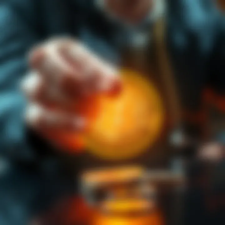 A hand holding coins above a digital Bitcoin logo, symbolizing investment of spare change in cryptocurrency