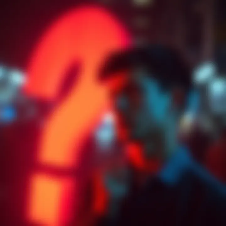 A person thoughtfully looking at a large question mark symbol, contemplating the authenticity of a claim or topic.