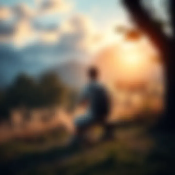 A person sitting on a bench in a natural setting, looking thoughtfully into the distance, symbolizing self-reflection and personal growth.