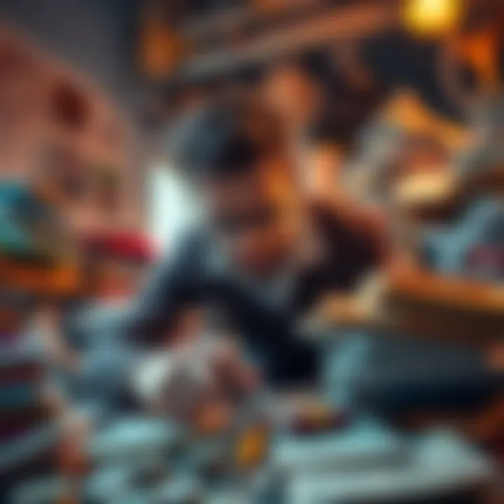 A person in a messy room frantically searching for their financial ledger with a worried expression