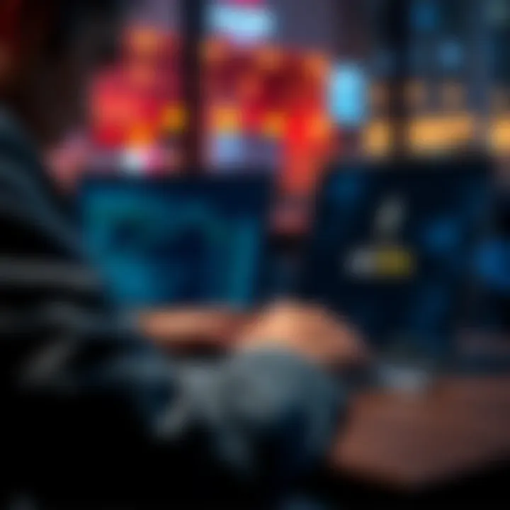 A person checking their Ethereum wallet on a laptop while thinking about paying credit card bills, with 0.5 ETH displayed on the screen.