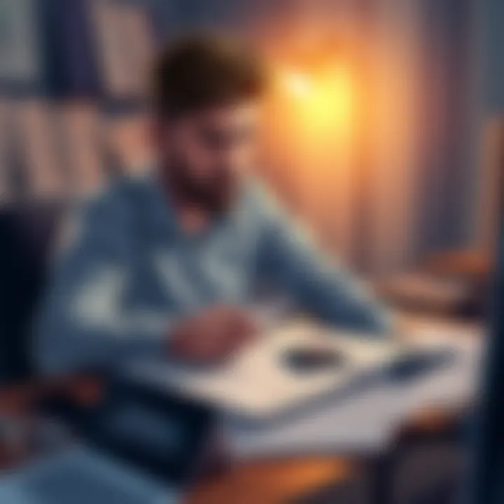 A person sitting at a desk with a Ledger Nano S and a worried expression, surrounded by papers with recovery phrases written on them.