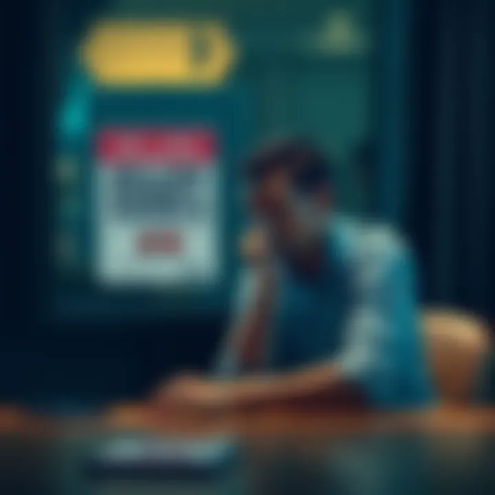 A worried individual sitting at a table, looking at an advertisement for selling kidneys, reflecting on their financial struggles.