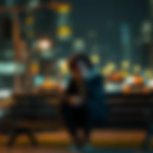 A person sitting on a bench, looking worried while holding their head in their hands, surrounded by blurred city lights at night.