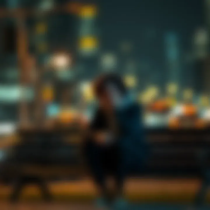 A person sitting on a bench, looking worried while holding their head in their hands, surrounded by blurred city lights at night.